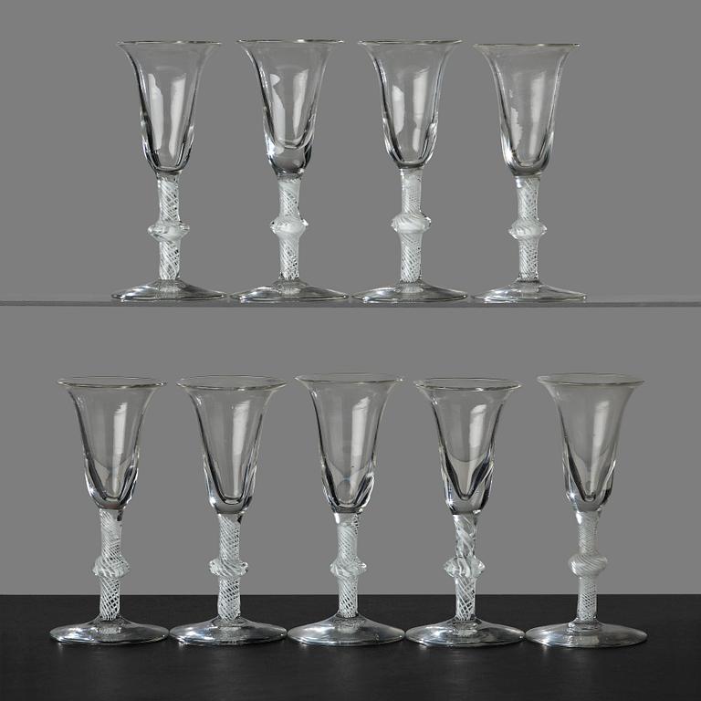 A set of nine glasses, England, 18th Century.
