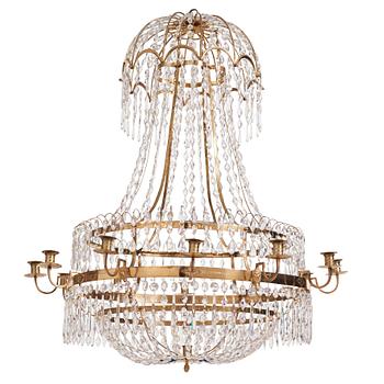 A late Gustavian gilt brass and cut glass thirteen-light chandelier, circa 1800.