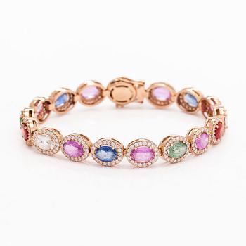 A multi colour sapphire and diamond bracelet in 14K rosegold.