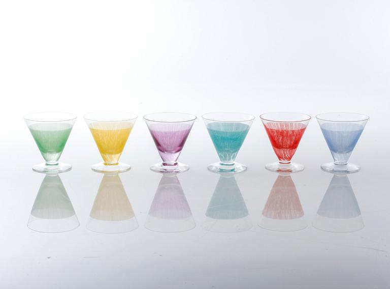 BENGT ORUP, 6 st, cocktailglas, "Stripe", Johansfors, 1950-tal.