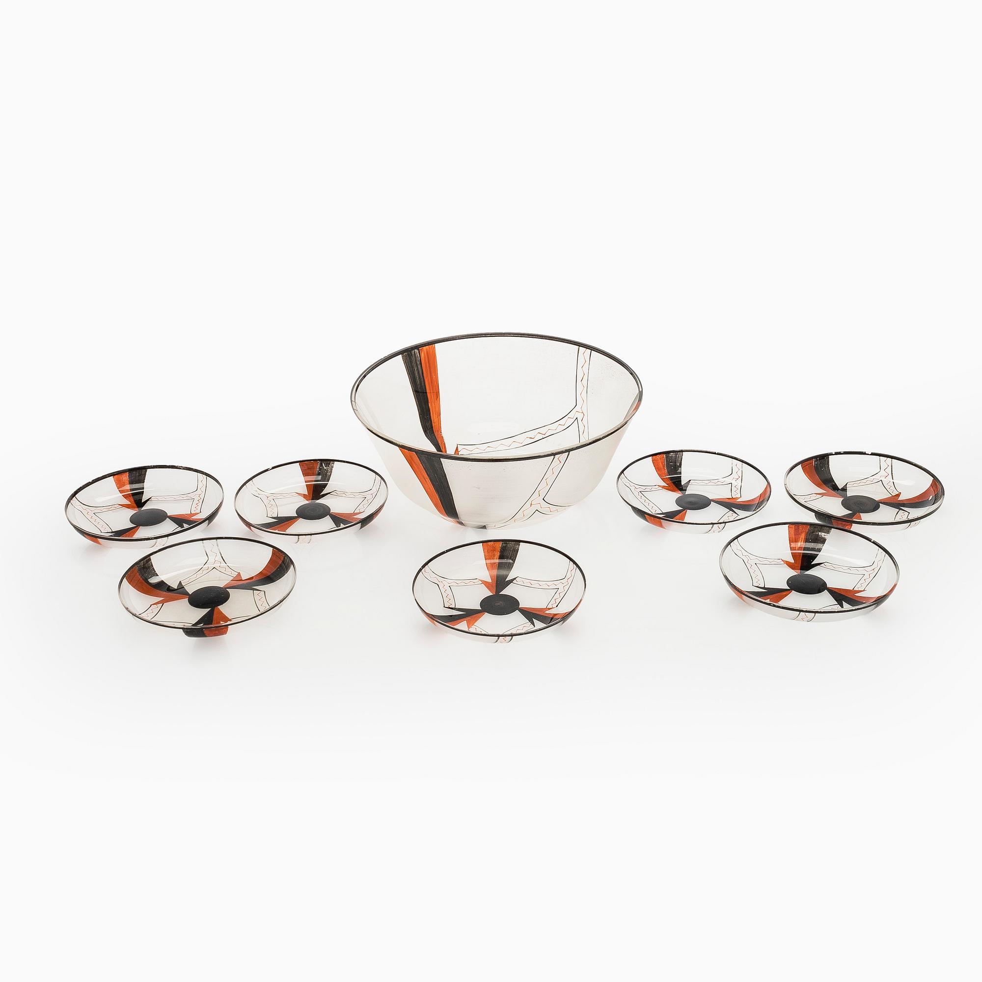 Bowl and 5 plates, glass, 1920s/1930s.
