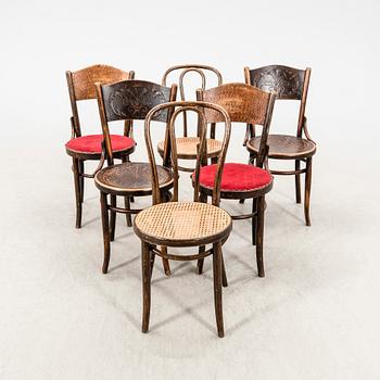 A set of six  bent wood and rattan chairs, one pair Fischel Vienna, from the first half of the 20th century.