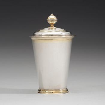 A Baltic 18th century parcel-gilt beaker and cover, mark of Joachim Friedrick Kachel (Dorpat 1717-).