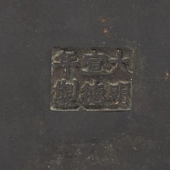 A bronze incense burner carried by two men, Qing dynasty (1644-1912), with Xuande mark.