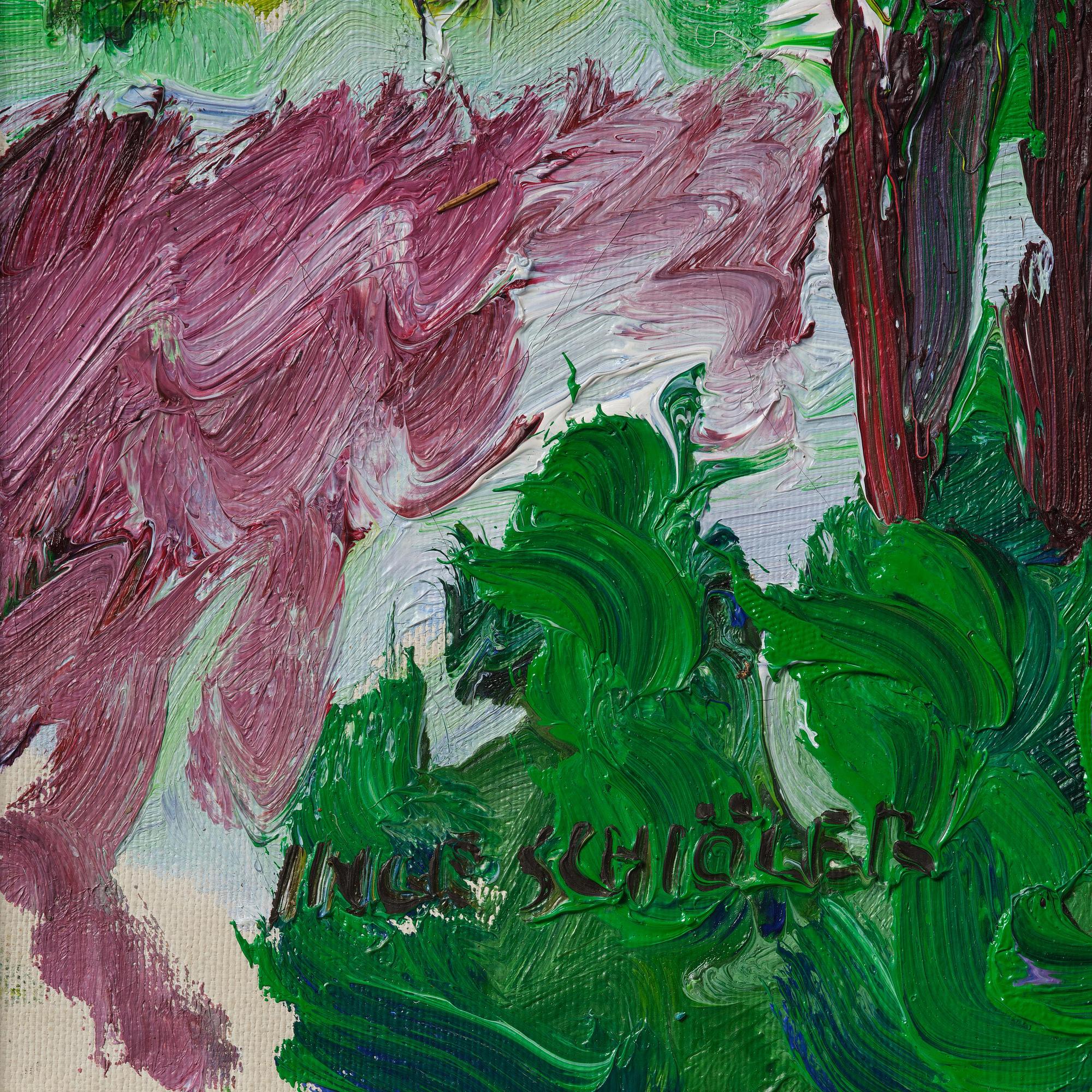Inge Schiöler, Coastal view with pine trees.