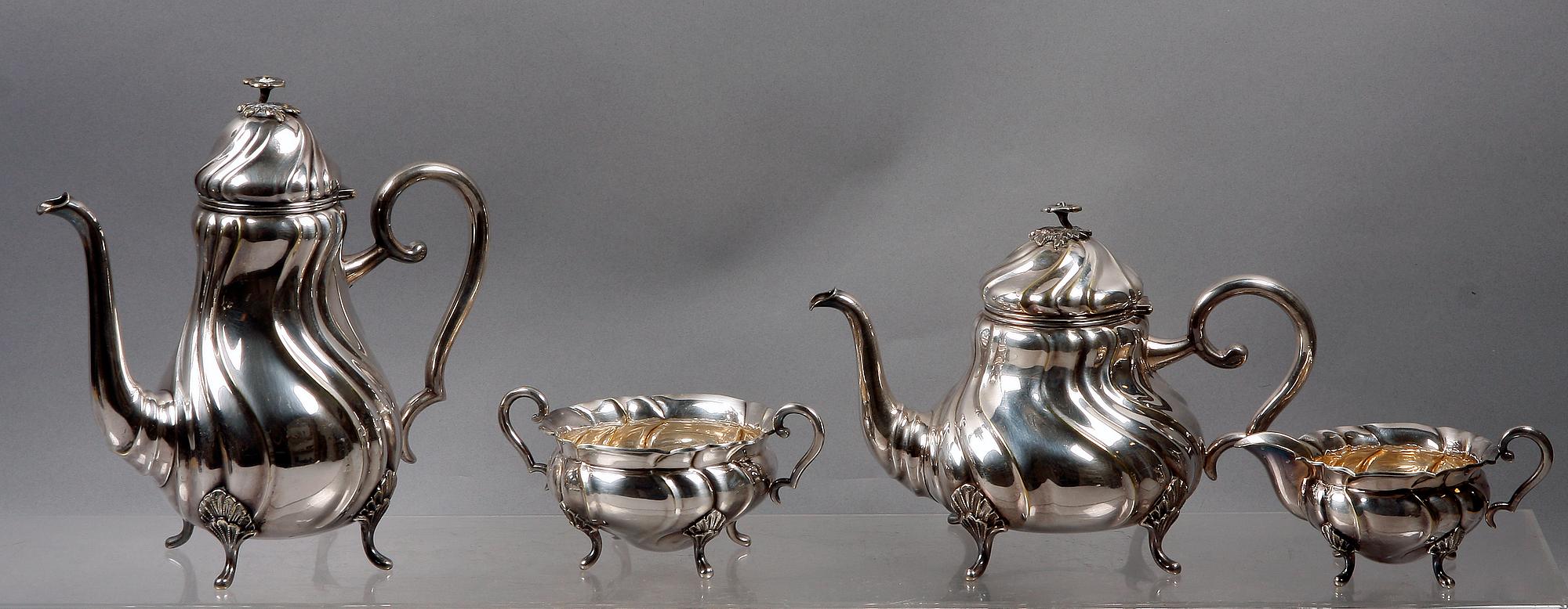 KAFFESERVIS, 4 delar, rokokostil, nysilver. 1900-tal.