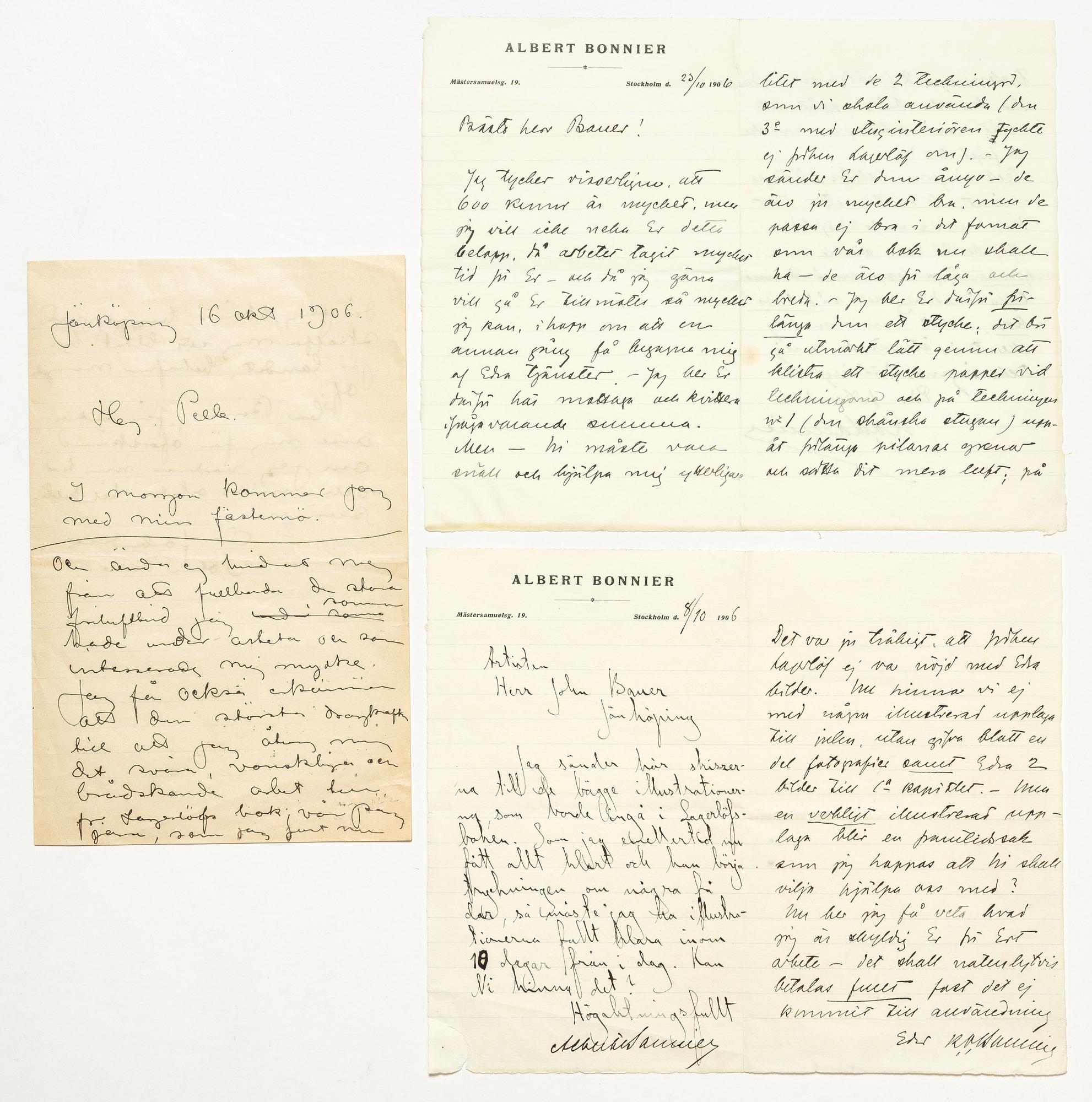 John Bauer, Tre brev mellan John Bauer och Bonniers om illustrationerna till Nils Holgersson.