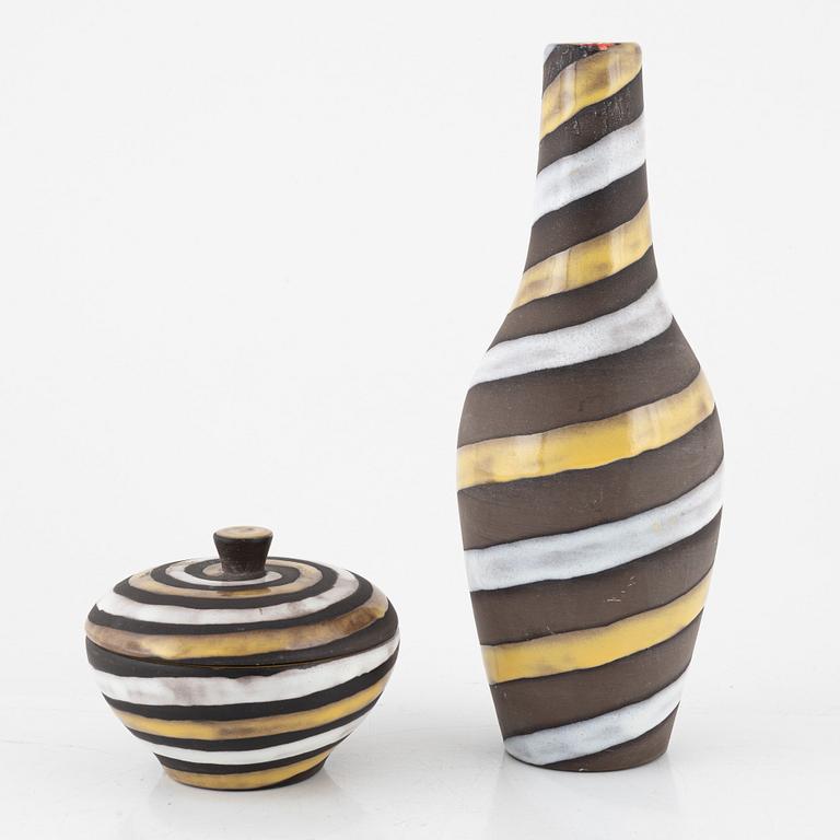 Ingrid Atterberg, vas och skål med lock "Spiral", lergods, Upsala Ekeby, 1950-tal.