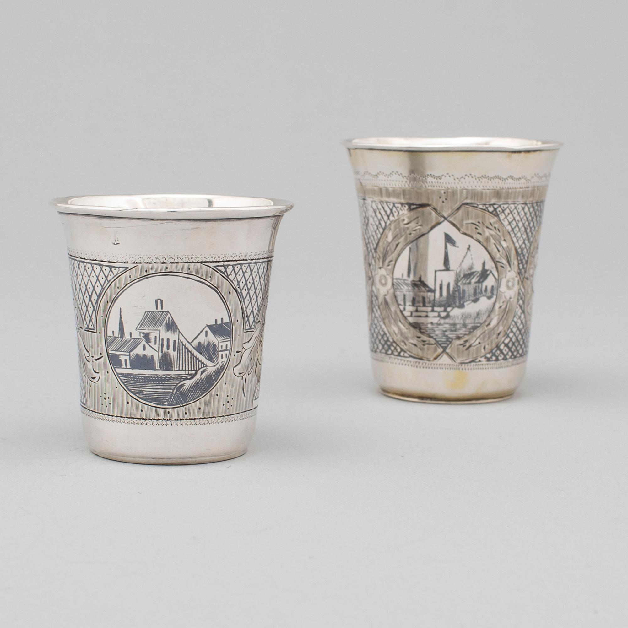 Two Russian 19th century silver and niello beakers, marked Moscow.