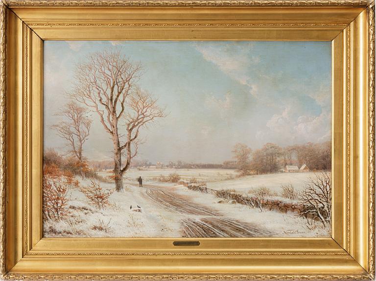 Frits Nordahl Grove, Winter landscape with a wandering figure.