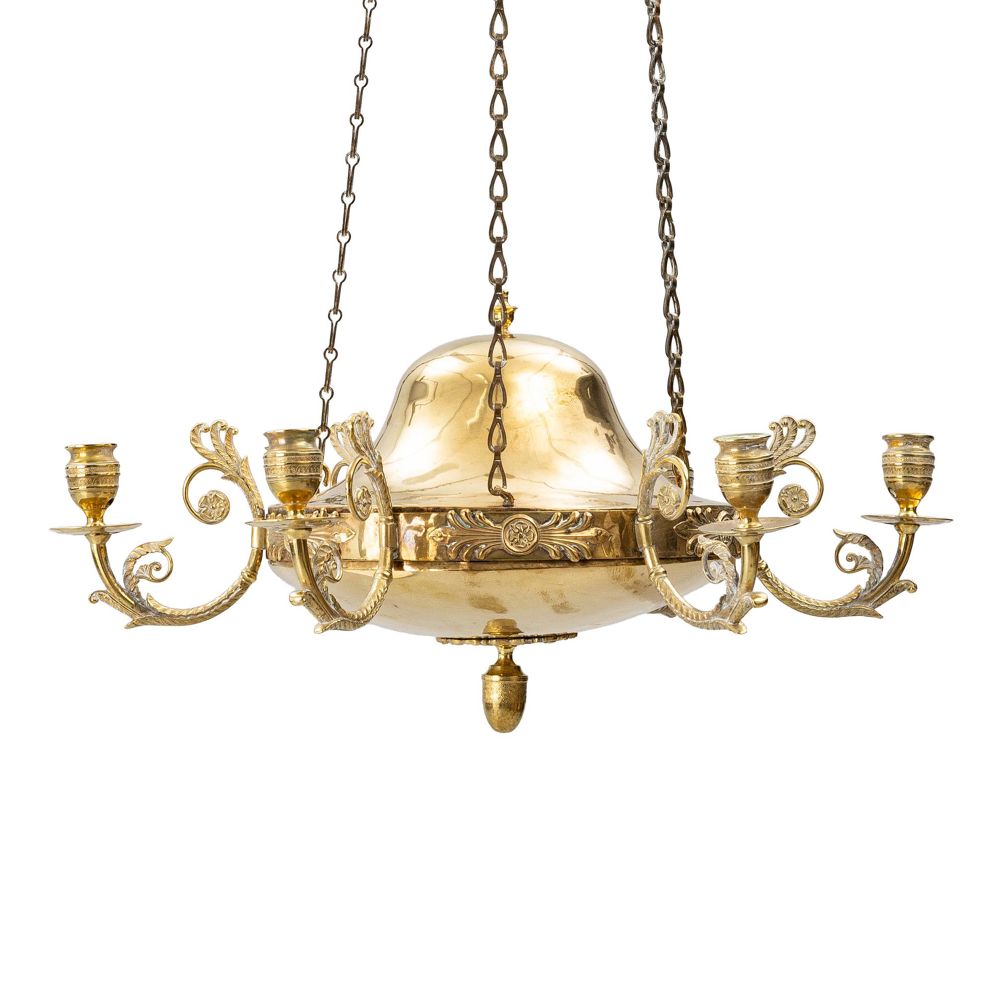 A Swedish Empire gilt brass six-branch chandelier, early 19th century.