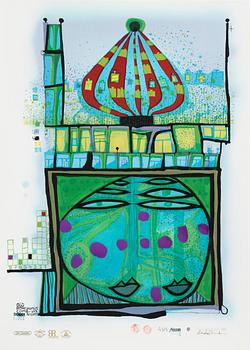 Friedensreich Hundertwasser, fotolitografi och serigrafi med metallprägling, 1984. Signerad och numrerad 4374/10002.