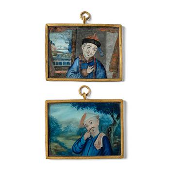1227. A pair of Chinese reverse glass miniature paintings, Qing dynasty, 18th century.
