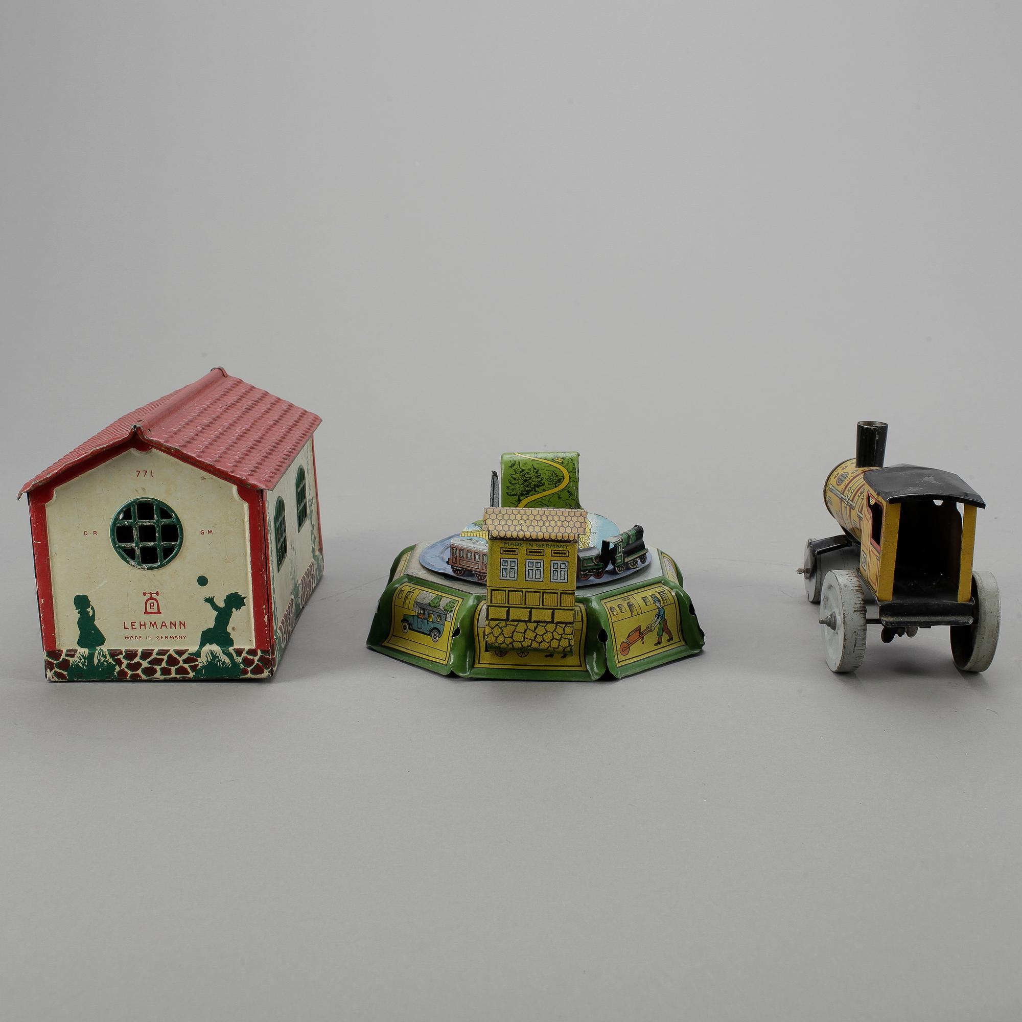 LEKSAKER, 3 stycken, plåt, Tyskland, 1920/30-tal.