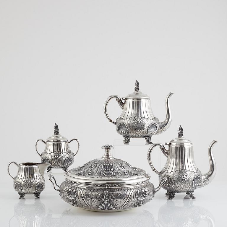 Coffee and tea set, 5 pieces, sterling silver, 1900s, ATN, Bogota, Colombia.