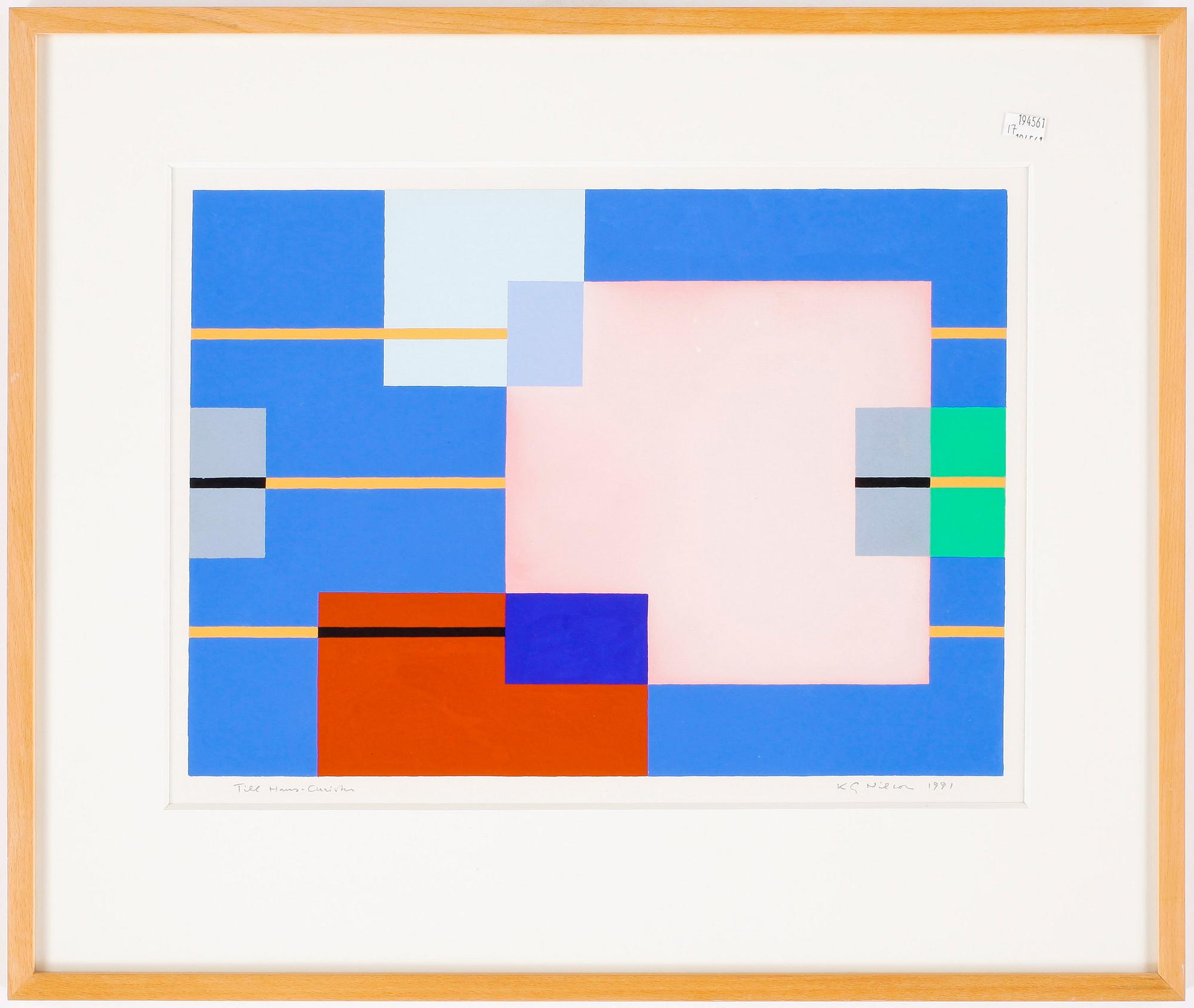 K G ( KARL GUSTAF) NILSON, gouache på papper, signerad med dedikation, daterad 1991.