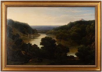 Unknown artist, 19th century, Expansive landscape with figures and cattle.