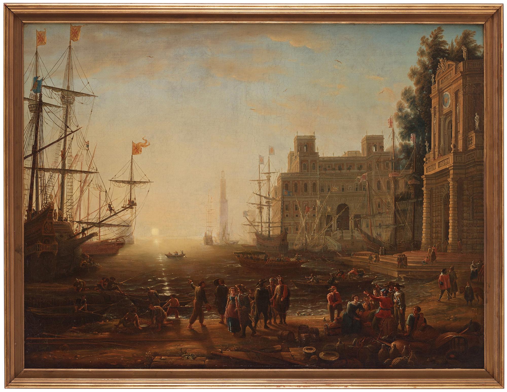 Hamnbild med Villa Medici och handelsmän.