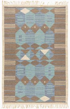 Matta, "Blått stim" rölakan, signerad KJ KH (Karin Jönsson, Klockargårdens Hemslöjd Tällberg) 230 x 154 cm.