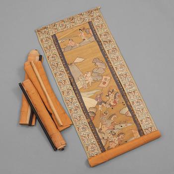 A set with four silk- and goldthread kesi-panels of soldiers in a landscape, late Qing dynasty (1644-1912).