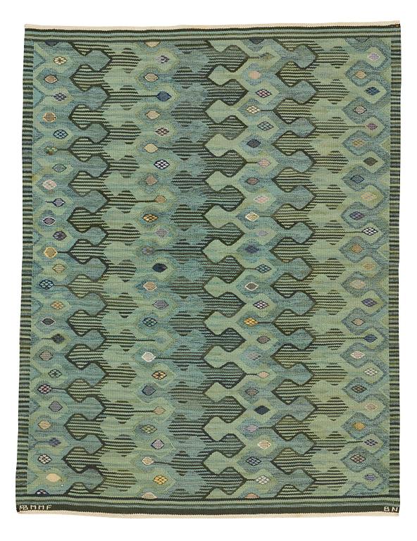 Barbro Nilsson, a carpet, "Kringelikroka, grön" ("Finspong"), flat weave, ca 227,5-231,5 x 174,5-178,5 cm, signed AB MMF BN.