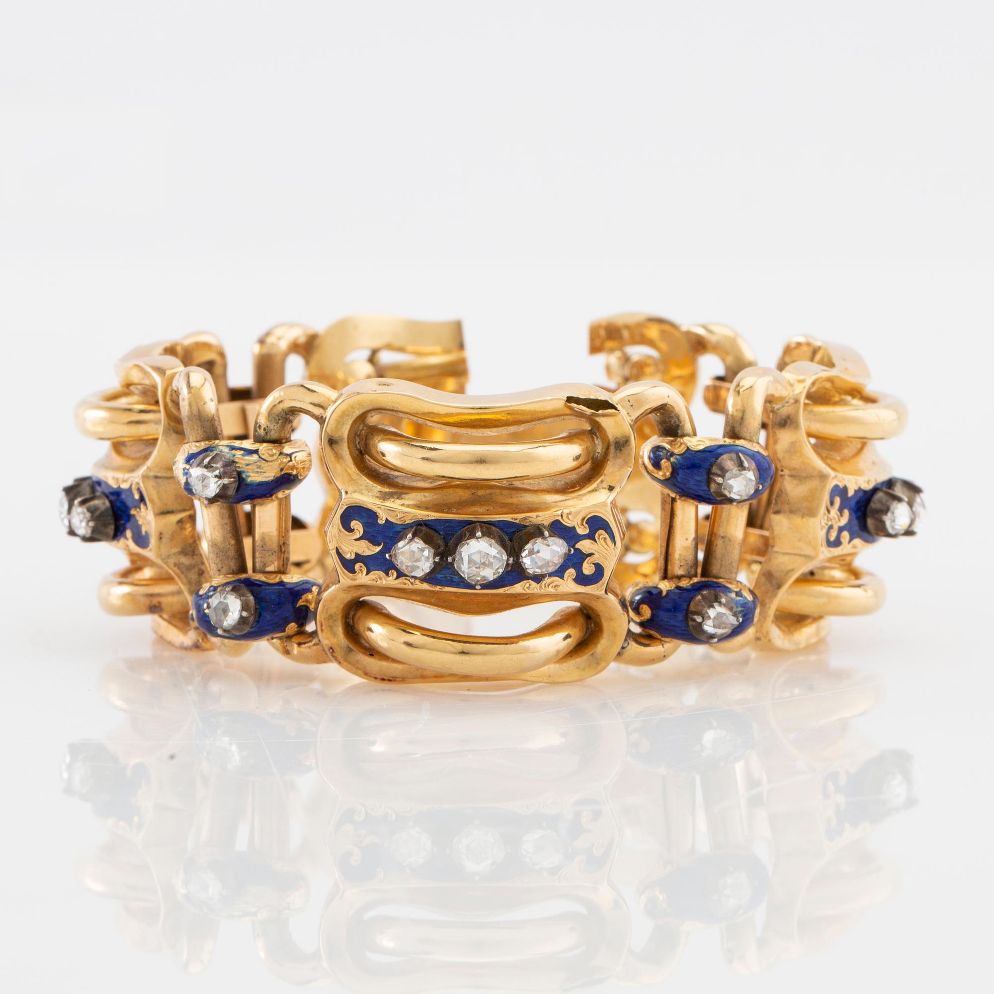 Armband 18K guld med emalj och rosenslipade diamanter, sannolikt Gustaf Adolf Cedergren Stockholm 1849.