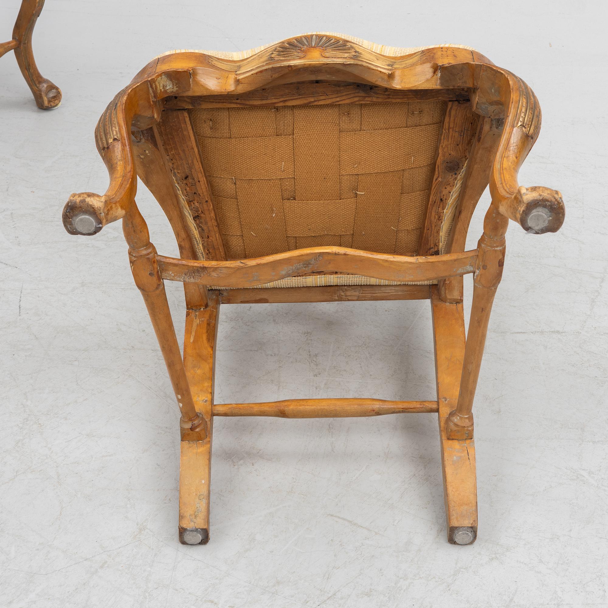A set of six similar rococo chairs, 18th century.