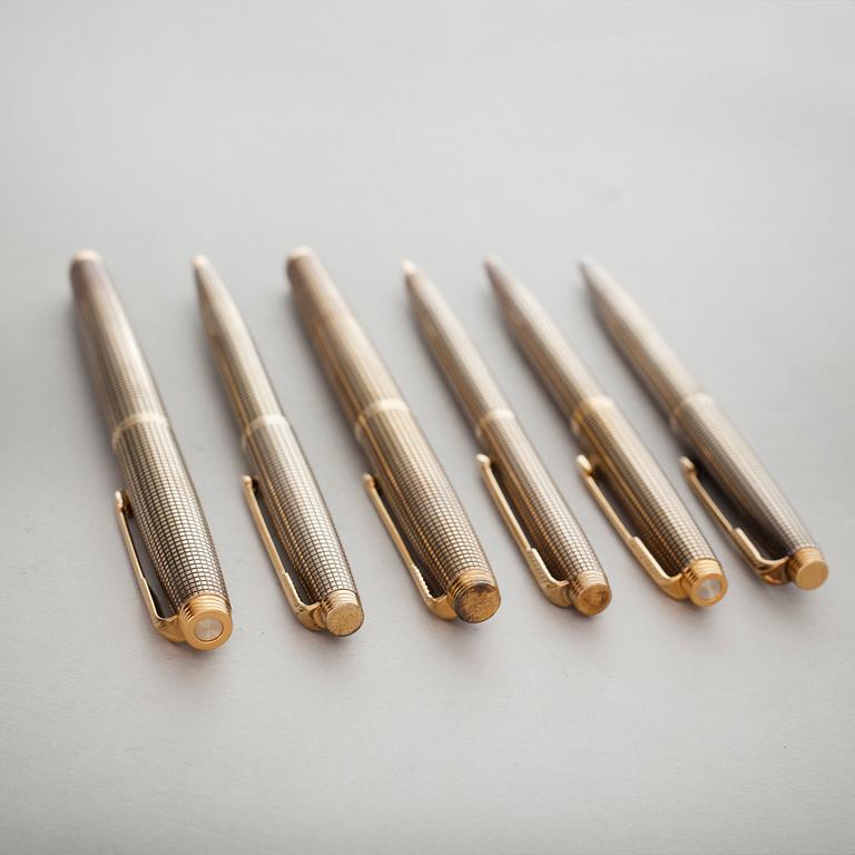 Six silver pens from Parker, USA, partly gilded, 20th century.