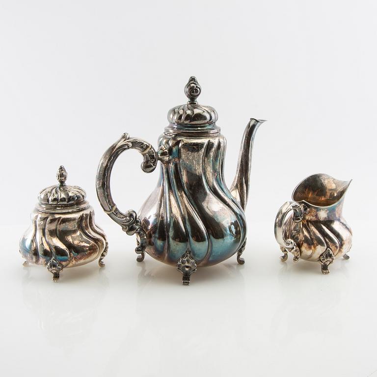 Kaffeservis, 3 dlr silver svenska importstämplar rokoko-stil 1900-talets mitt.