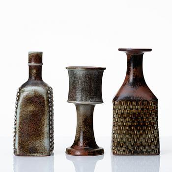 Stig Lindberg, three stoneware vases, Gustavsberg studio, Sweden 1967-70.