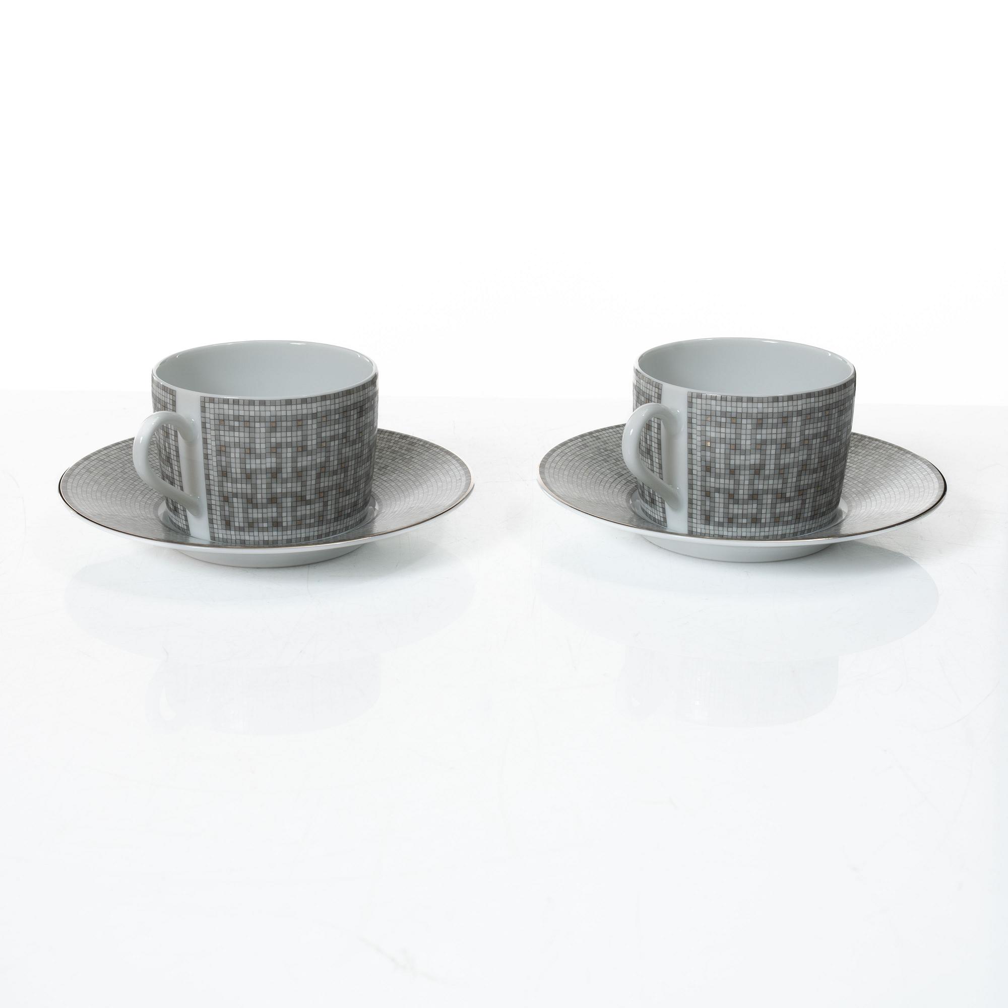 Hermès, cups with saucers, a pair, "Mosaique au 24".