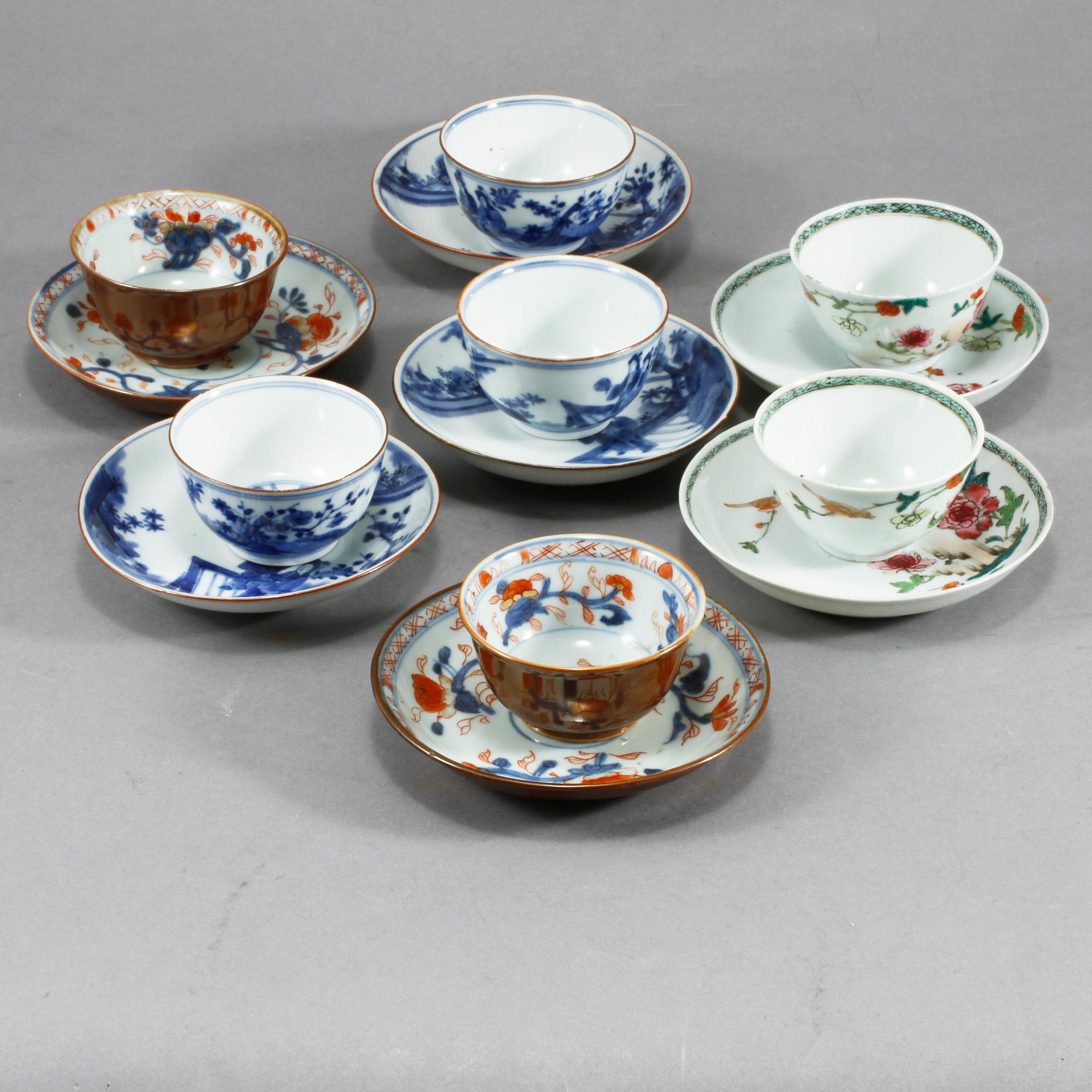 KOPPAR MED FAT, 7 st, porslin, Kina, 1700- samt sent 1800-tal.