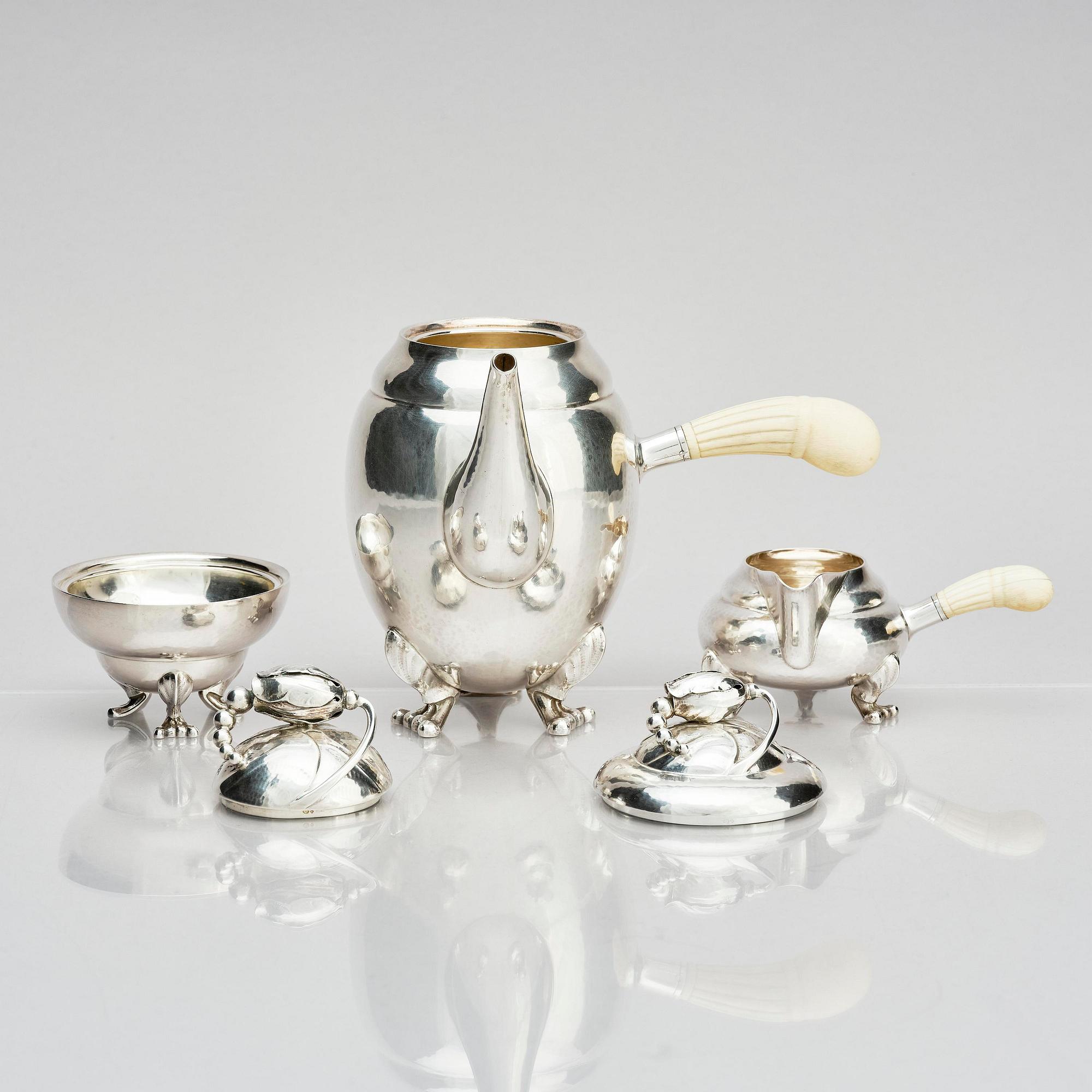 Georg Jensen, a three pieces coffee service in sterling silver, "Magnolia/Blossom", Copenhagen 1933-44.