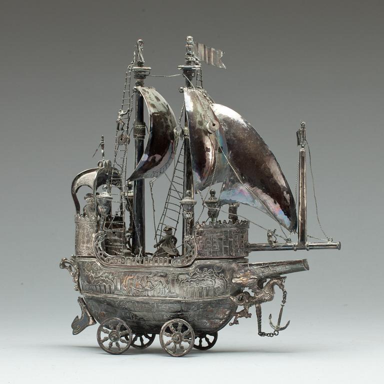 SKEPPSMODELL, försilvrad metall, troligen Holland, 1800-tal.
