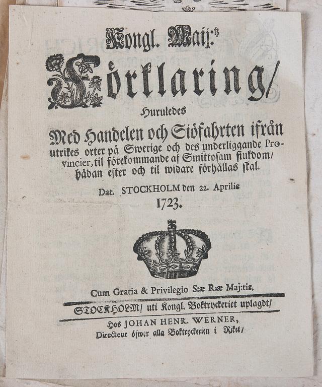PARTI KUNGÖRELSER, AVHANDLINGAR OCH SMÅTRYCK, ca 40 st, 1700-1800-tal.