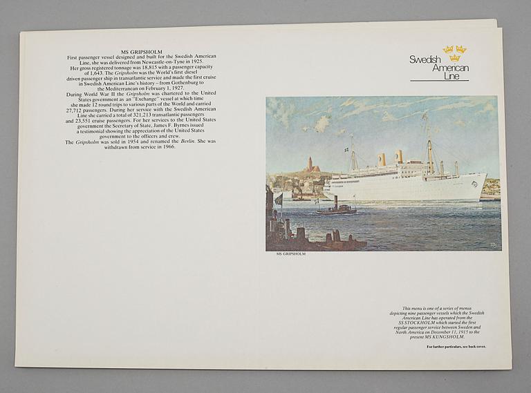 Memorabilia from the Swedish American Line, meny folders and postcards, 20th century.