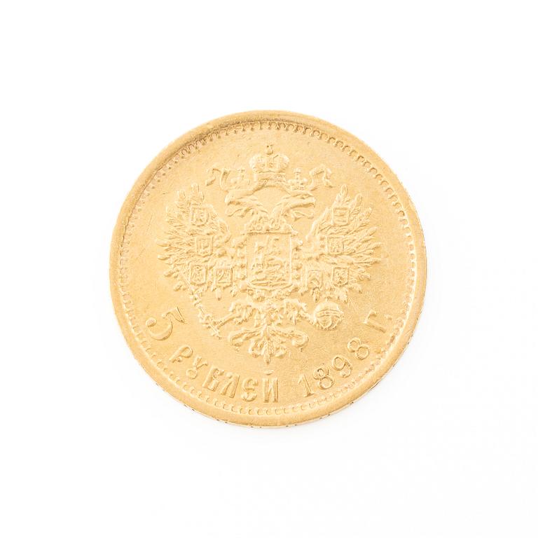 Gold coin, Nicholas II, Russia, 5 Rubles, 1898.