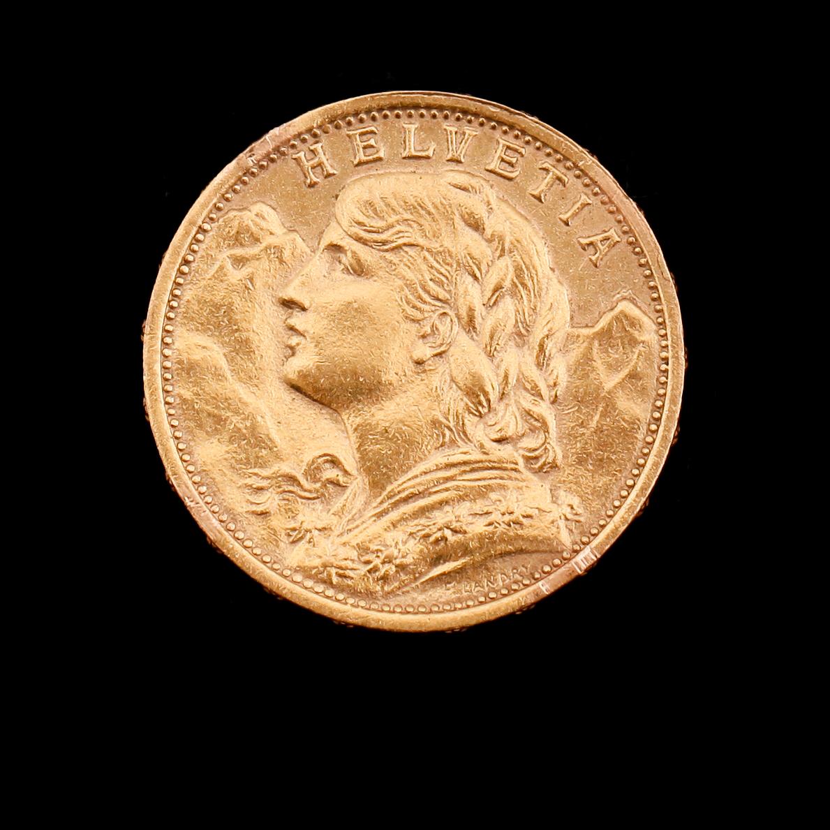 GULDMYNT, 20 franc, Schweiz, 1910. Vikt ca 6 gram.