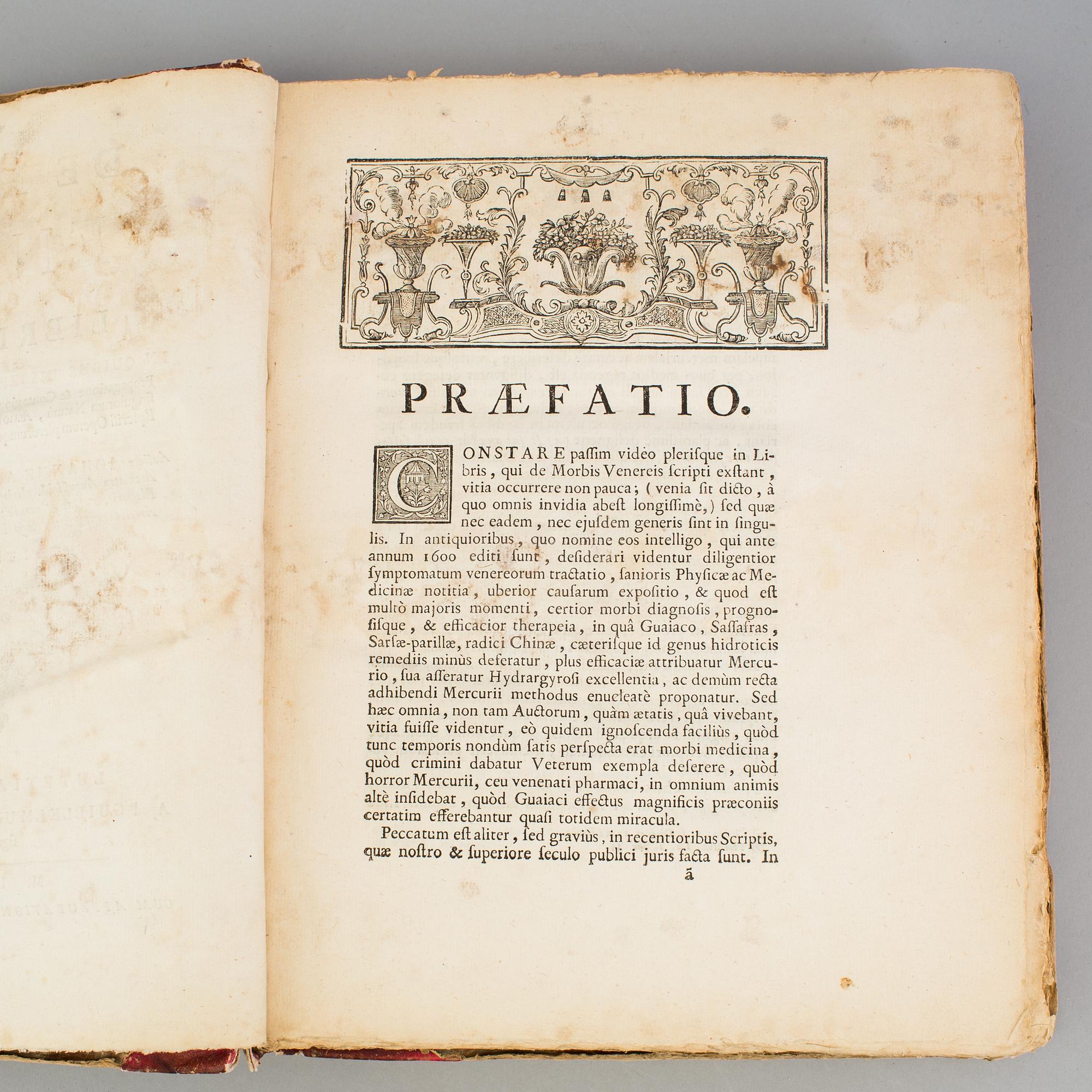 A book on venereal diseases, "De Morbis Venereis", Jean Astruc. Printed in Paris in 1740.