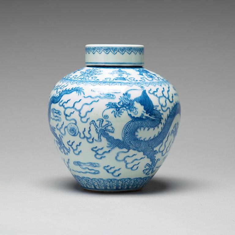 A Chinese blue and white five-clawed dragon jar with cover, Republic period, 20th Century.