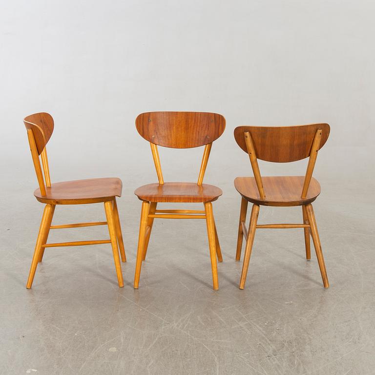 Stolar, teak och bok, 6 st, 1950-60-tal.