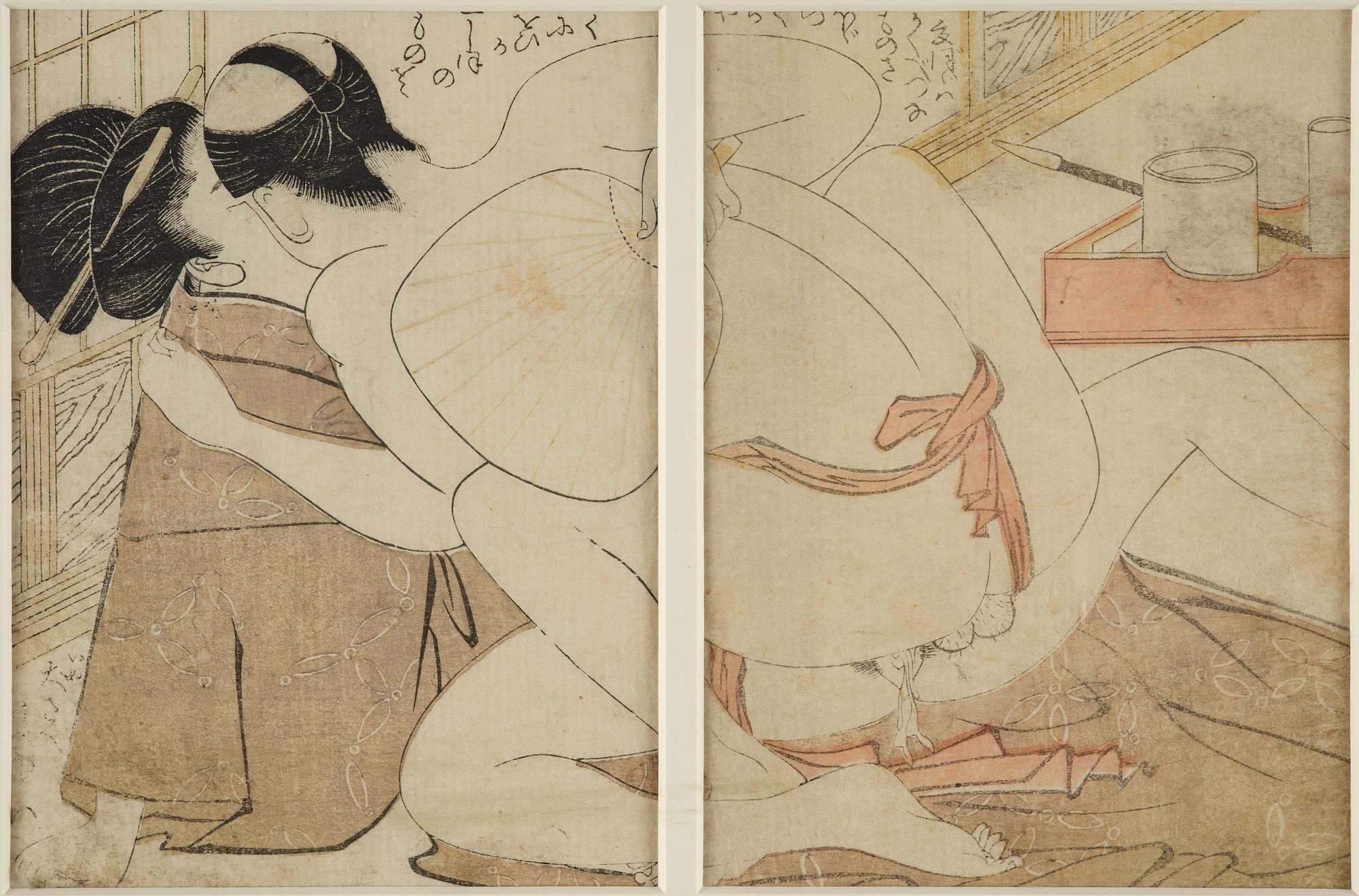 Oidentifierade konstnärer, färgträsnitt, shunga, albumblad, tre diptyker, Japan, 1800-tal.