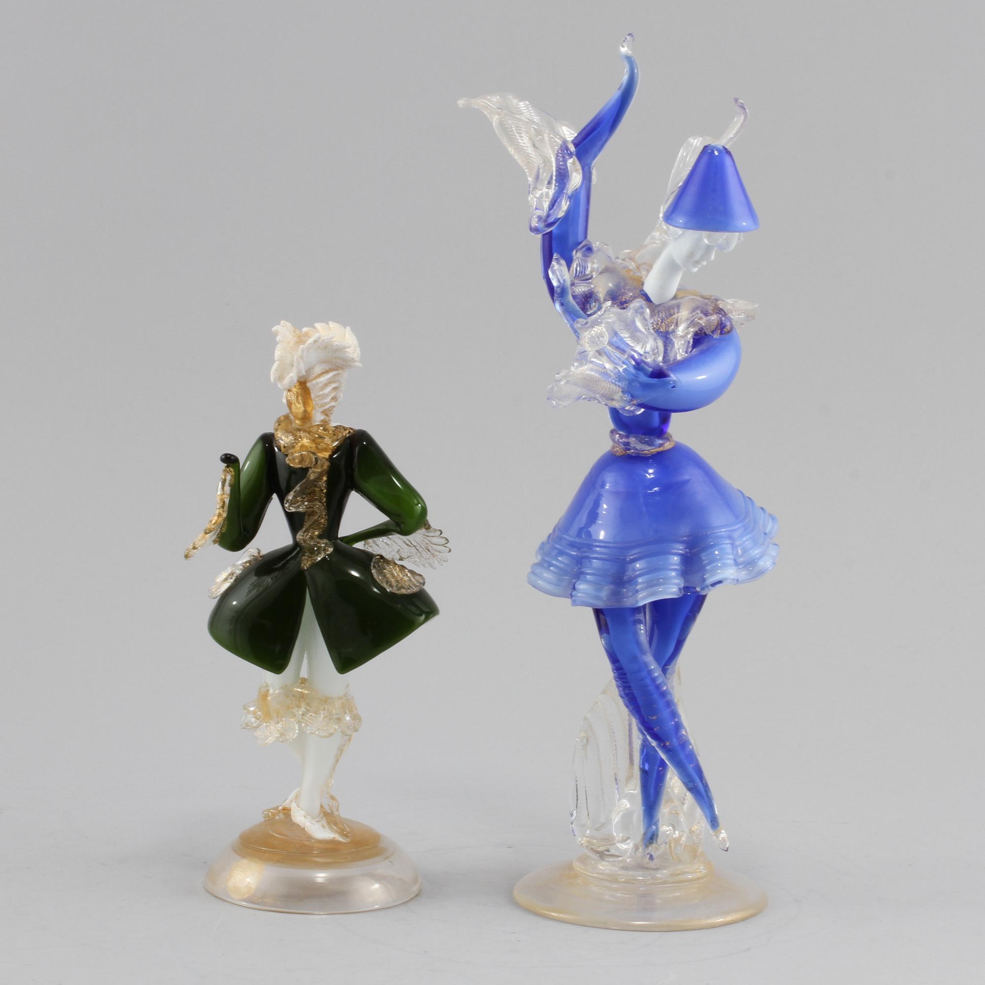 FIGURINER, 2 st, glas, Murano, Italien, 1900-talets andra hälft.