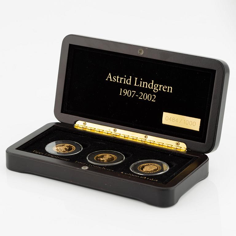 Astrid Lindgren, commemorative coins, 3 pcs, gold, 2004.