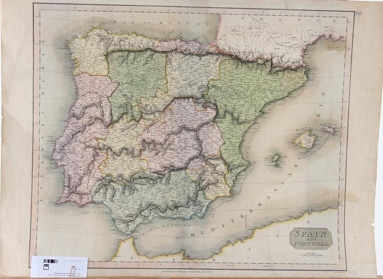 KARTA, kolorerad, 1800-tal. "SPAIN and PORTUGAL".