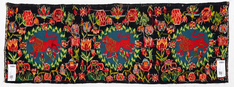 Åkdyna, "Rött Lejon", flamskväv, 140 x 50 cm, sydvästra Skåne, tidigt 1900-tal.