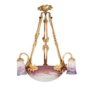 266. Muller Frères, a glass and gilt metal ceiling lamp, France, early 1900's.