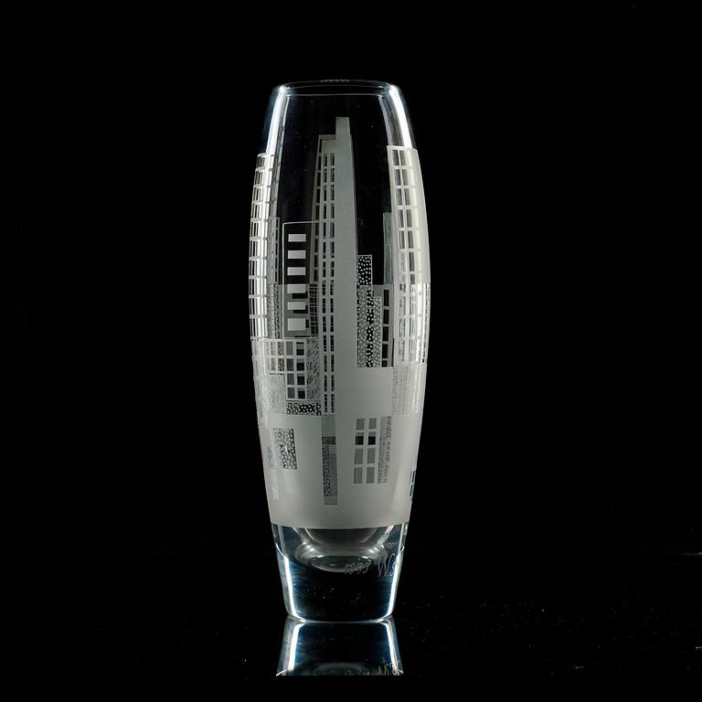 A Vicke Lindstrand etched and engraved glass vase vase, 'Manhattan', Kosta 1950's.