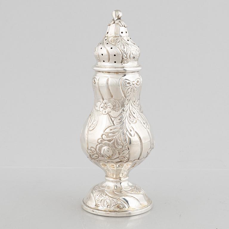 A Rococo style silver sugar caster, Swedish import marks, 20th Century.