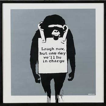 A album cover by Banksy, signed in the print.